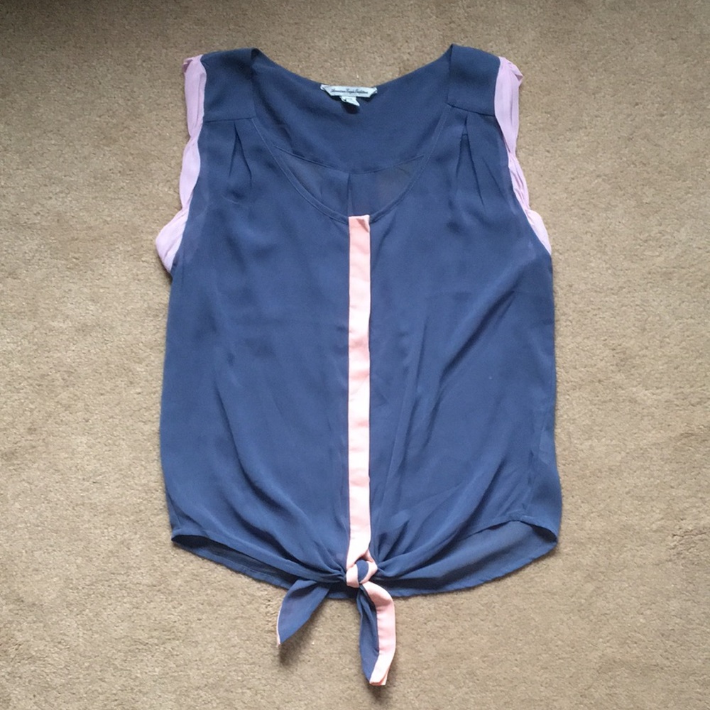 Sheer button down, sleeveless shirt | blue/pink